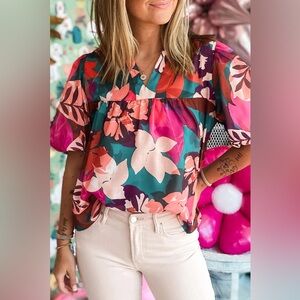 Floral V-Neck + Puff Sleeve Top